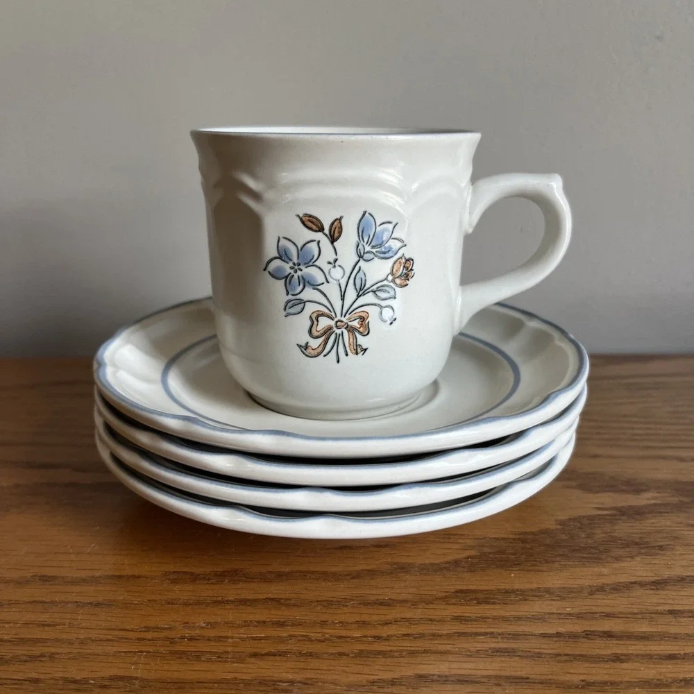 Vintage Cordella Collection Bluet Set Of 4 Saucers And 1 Coffee Cup Blue Floral